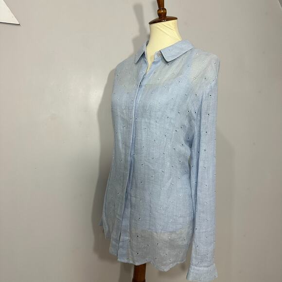 DONCASTER Blue Linen Silk 2pc Layered Top Set Sz 18 Cottage Preppy Eyelet Sheer - Picture 4 of 16